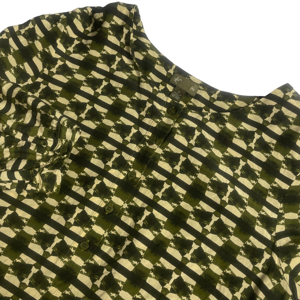 Fei 4 100% Silk 3/4 Sleeve 1/4 Button Black Ivory Olive‎ Tunic